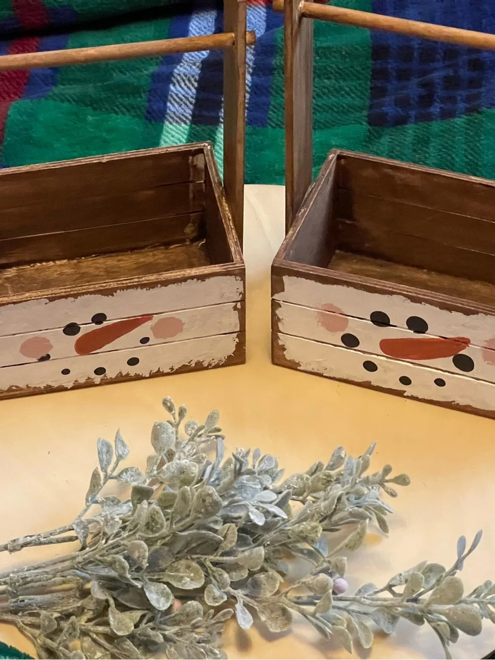 Handmade Rustic Snowman Wooden Crate - White & Brown